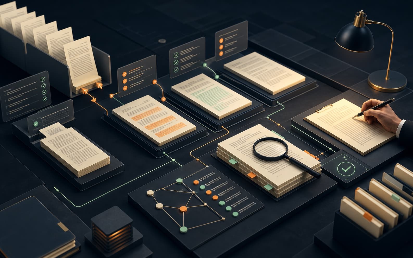 Legal documents moving through classification, citation, and human review