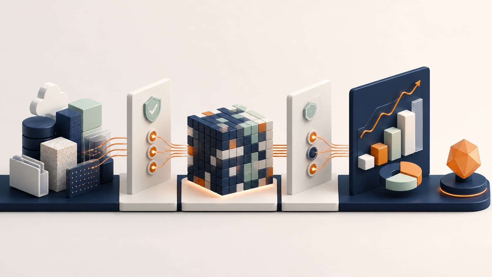 Governed data moving through quality checks into decision-ready analytics