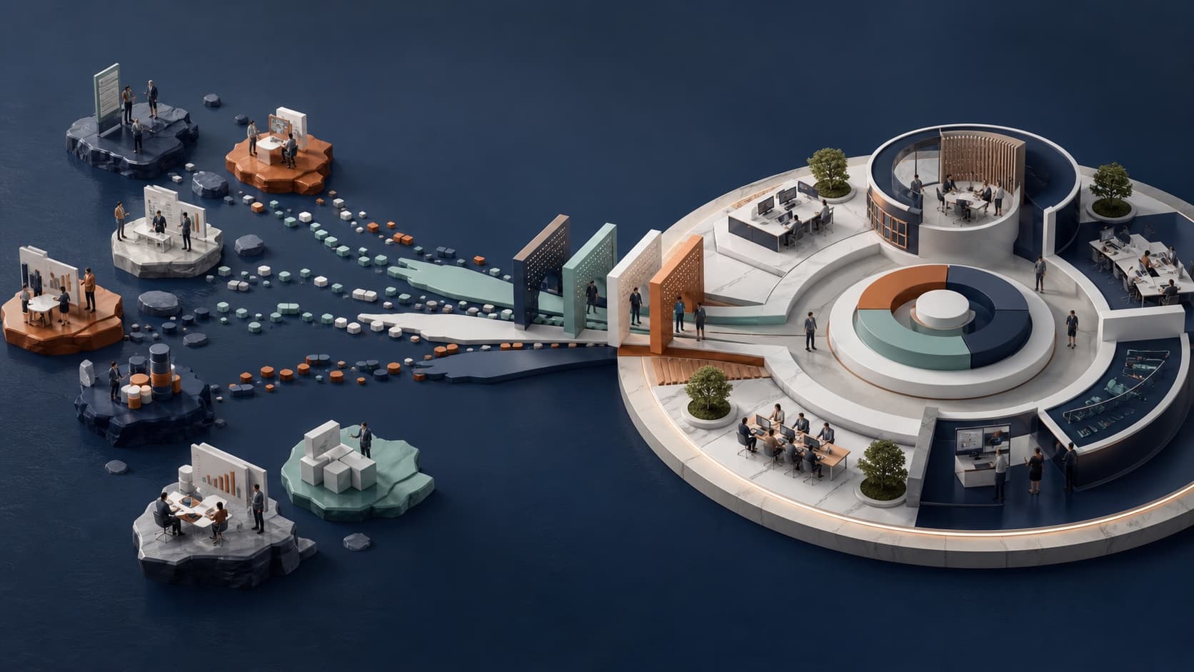 Isolated AI pilots connecting into a governed enterprise operating model