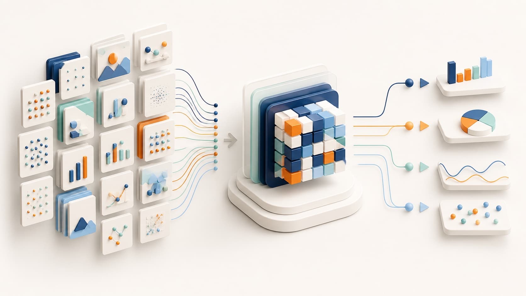 Data examples flowing through a machine learning model into useful predictions
